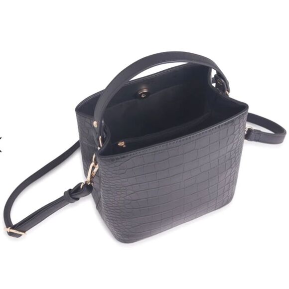 NWT AOTA Elena Crossbody Bucket Bag Black Vegan Leather Mock Croc Texture - Picture 2 of 16